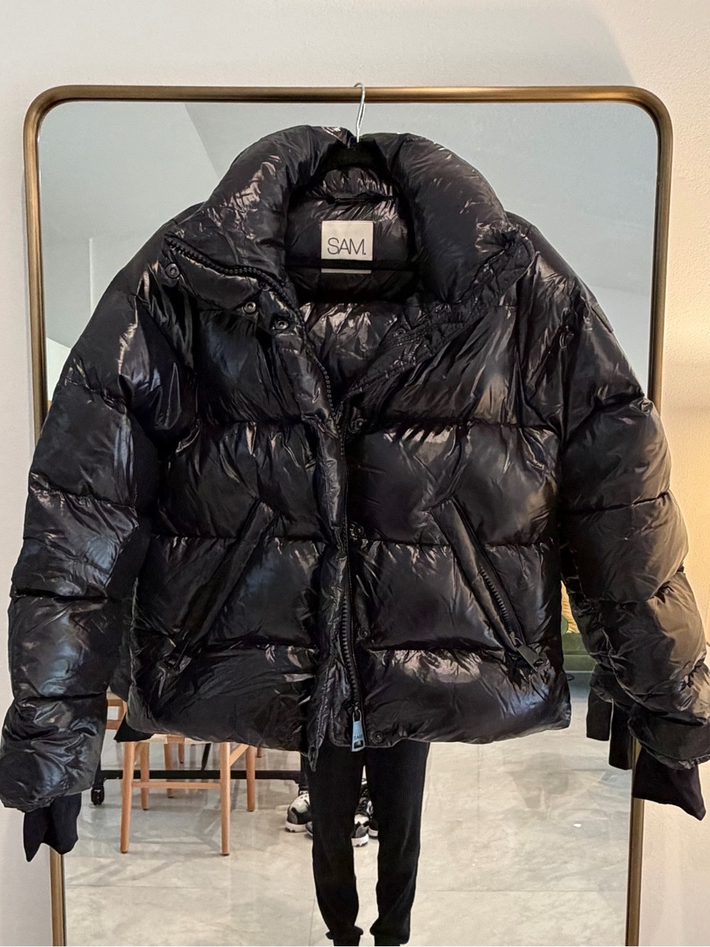 SAM. Black Shiny Quilted Jacket with Label
